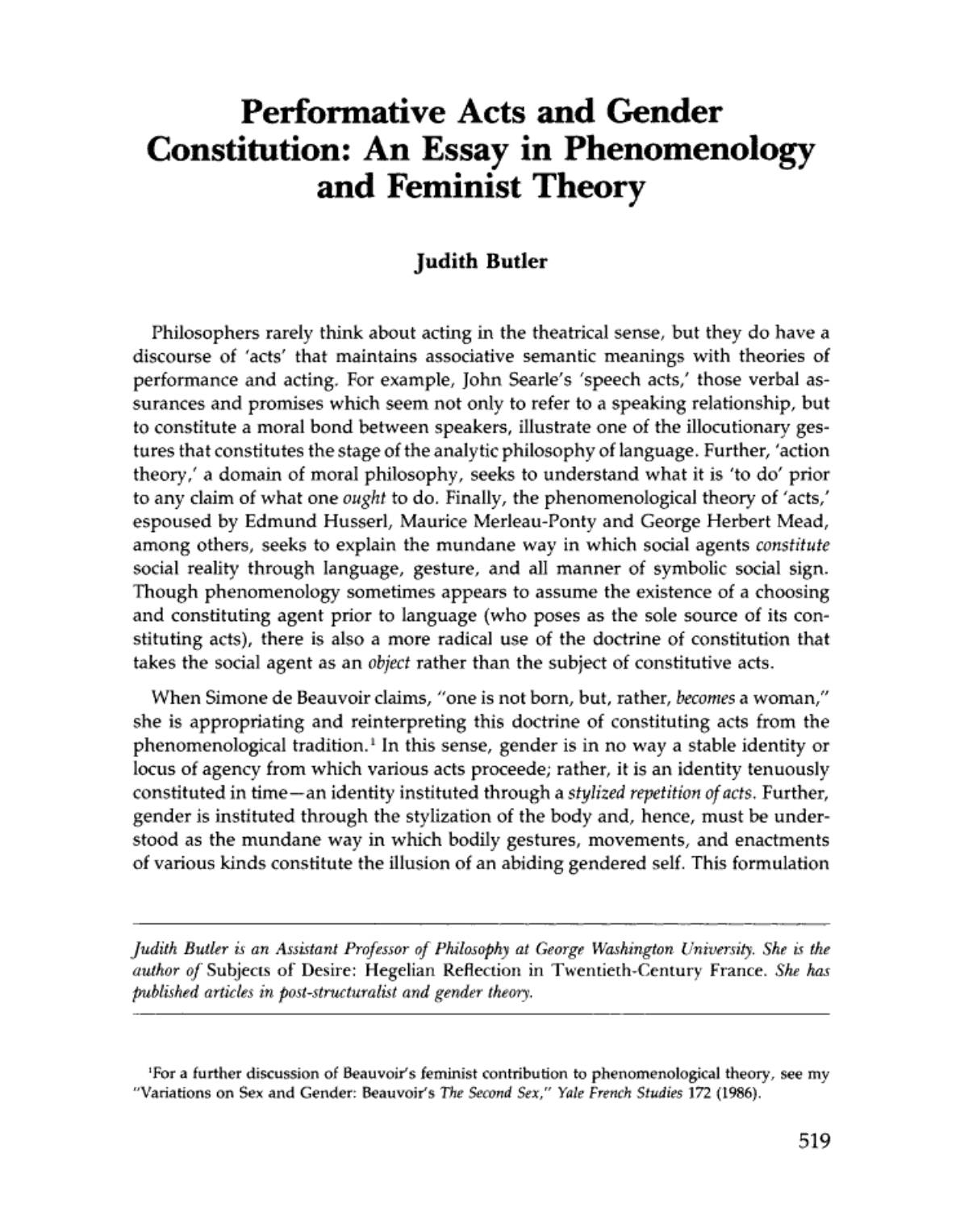 cover page of Performative Acts and Gender Constitution: An Essay in Phenomenology and Feminist Theory